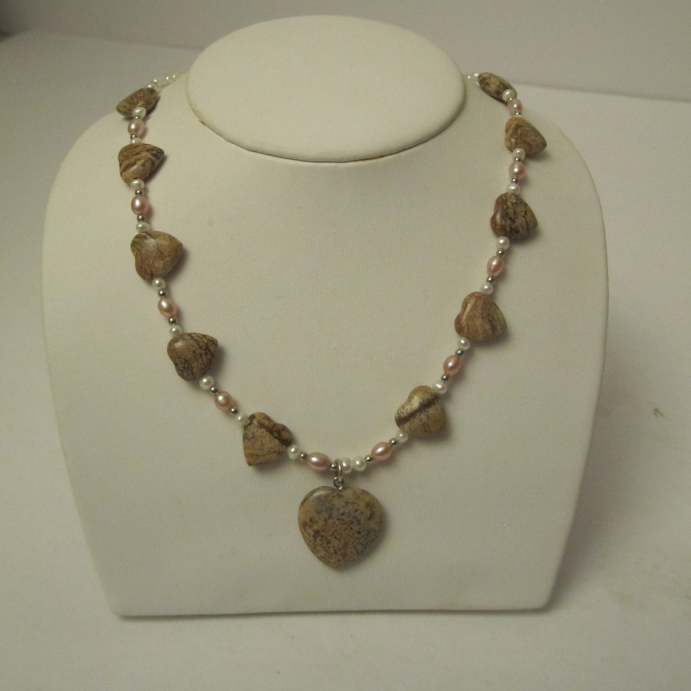 Jasper Heart and Pretty Pearl Necklace